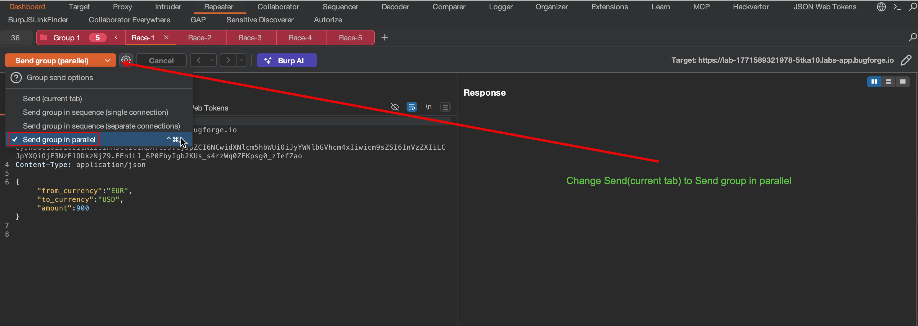 Burp Repeater setup - 5 tabs grouped, "Send group in parallel" selected