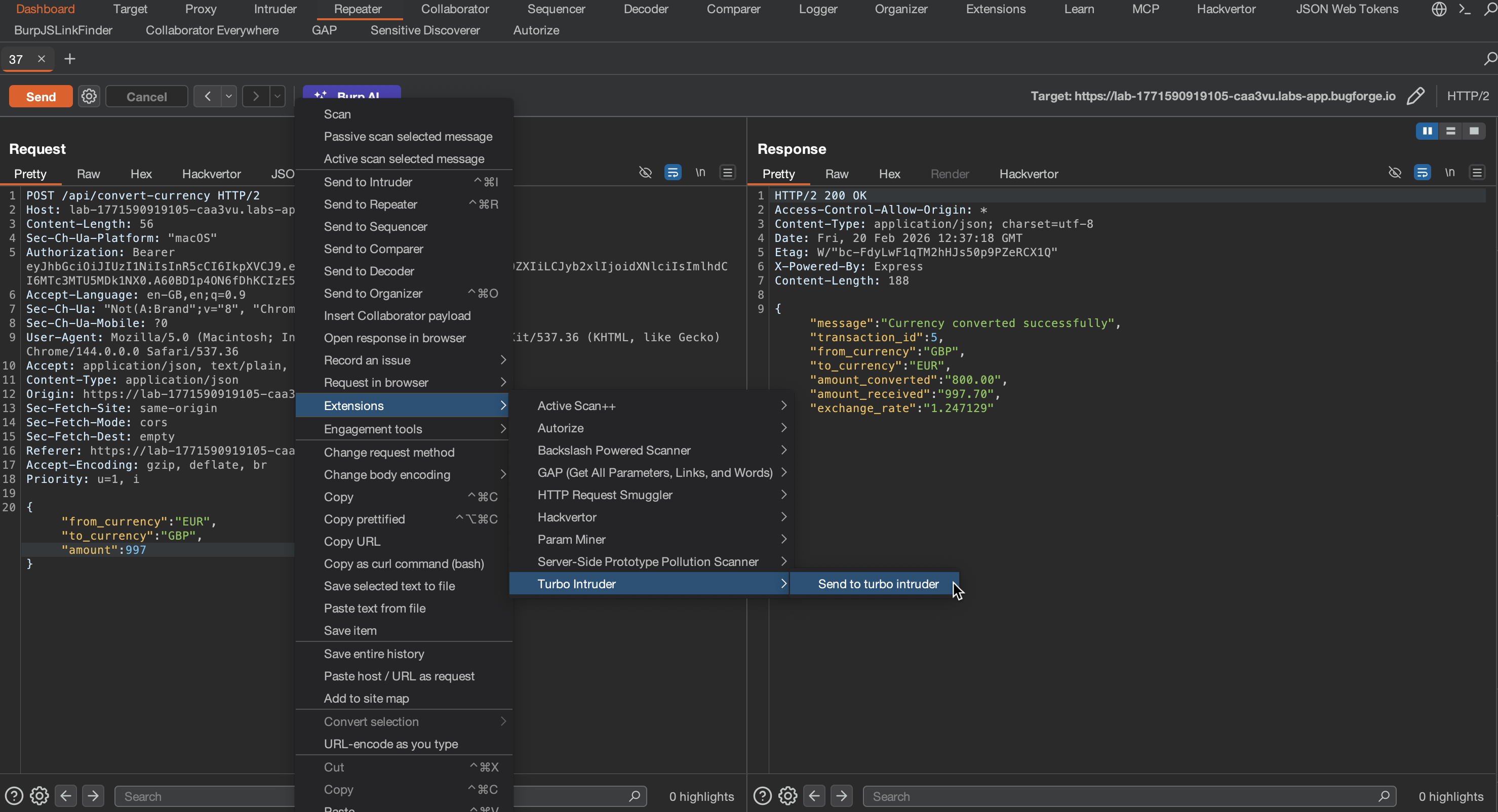 Turbo Intruder setup - race-single-packet-attack.py template loaded